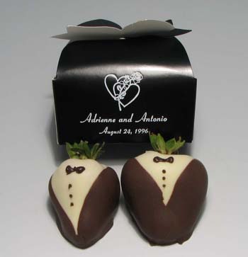 Tuxedo Strawberries | 2-piece box - Two fresh extra large strawberries are dipped in pure chocolate and decorated to look like a tuxedo, including a bow tie.  This is a very special and sophisticated gift.  Packaged in a two- piece box and personalized with your choice of message on a minimum order of fifty boxes.